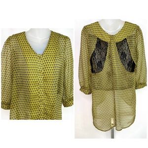 GIANNI BINI Mustard Sheer Hi low Lace Top Size XS